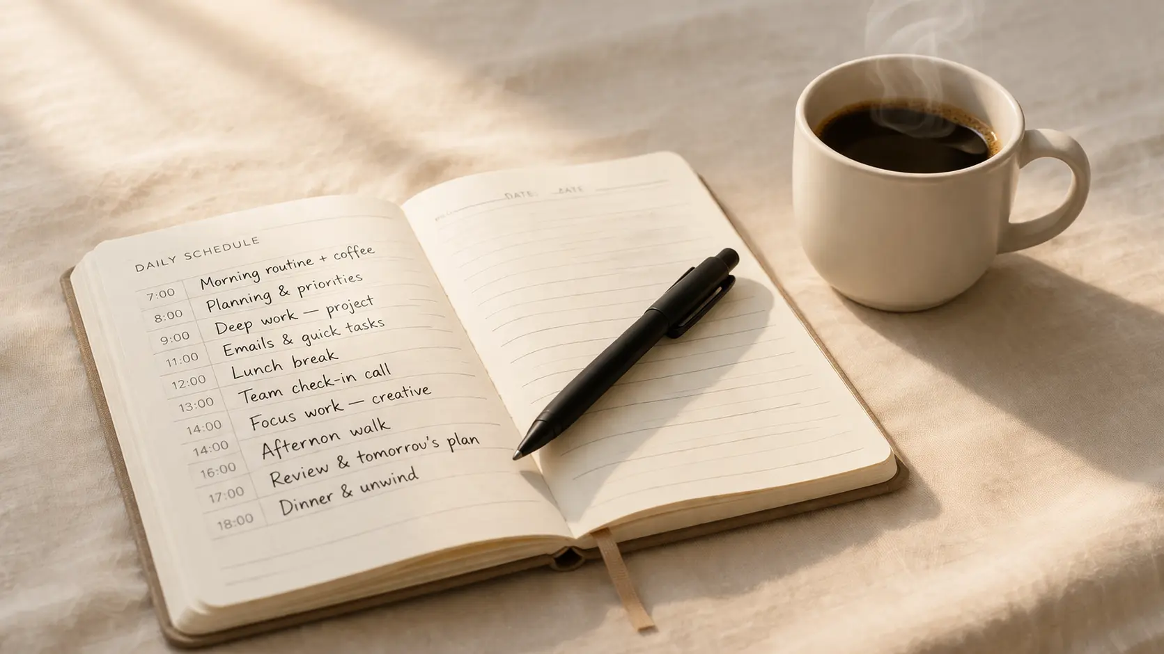 A softly lit desk with layered notes, a clock and a plant representing a thoughtful and personal approach to daily structure planning